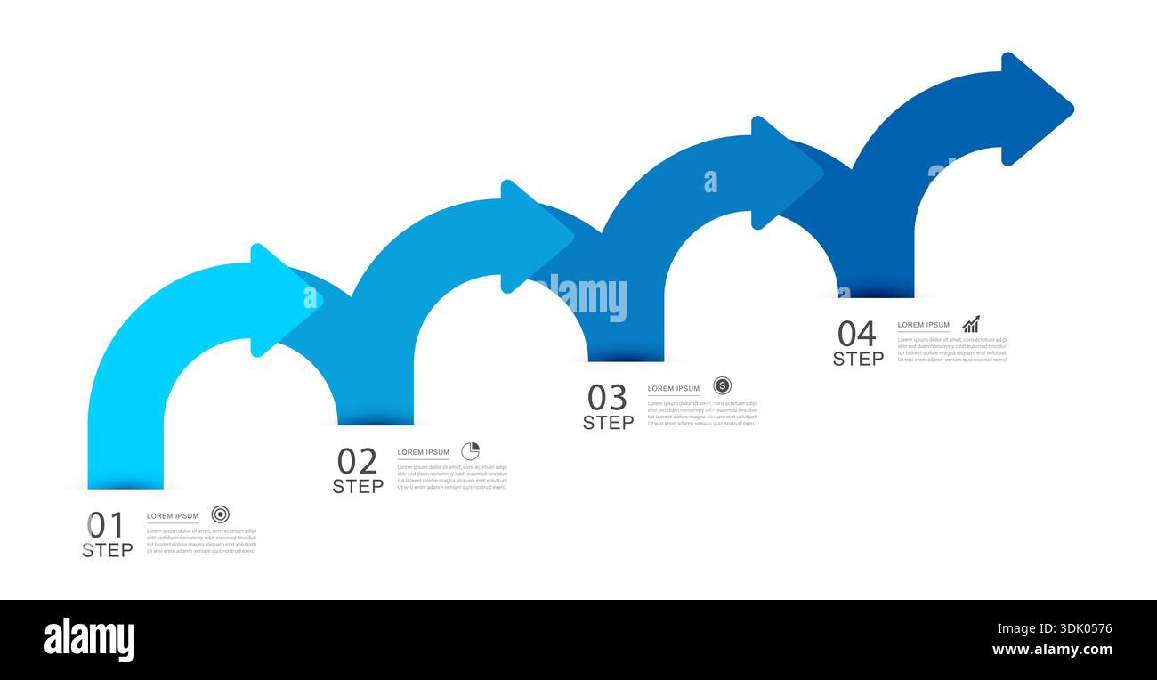 Business growth 4 steps infographic with upward arrows and roadmap success strategy. Stock Vector