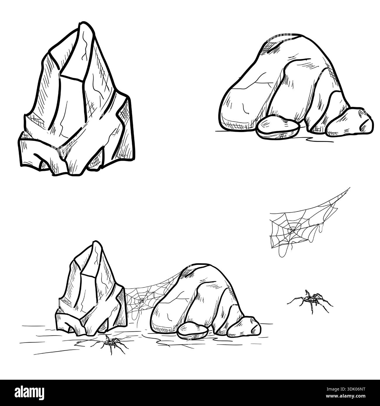 Stones and boulders in the grass and cobwebs, black and white sketch ...