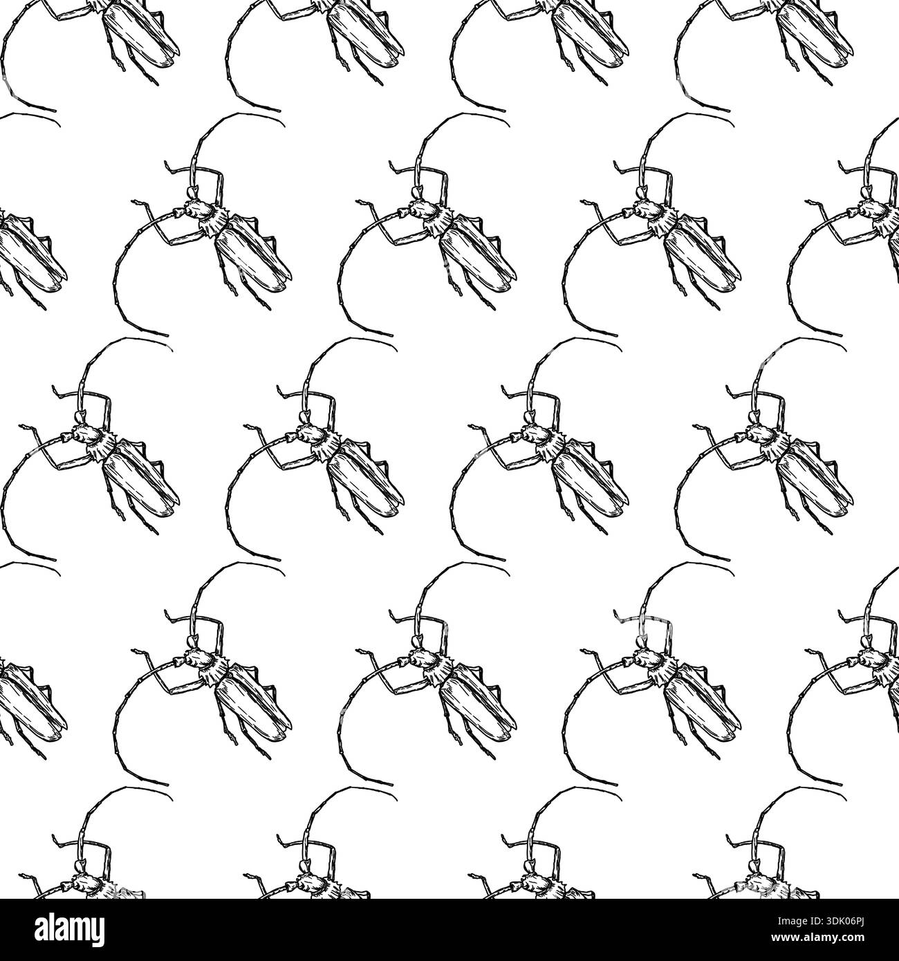 Tree beetle with long mustache, seamless pattern. Vector illustration. Simple drawing of insects isolated on a white background. Stock Vector