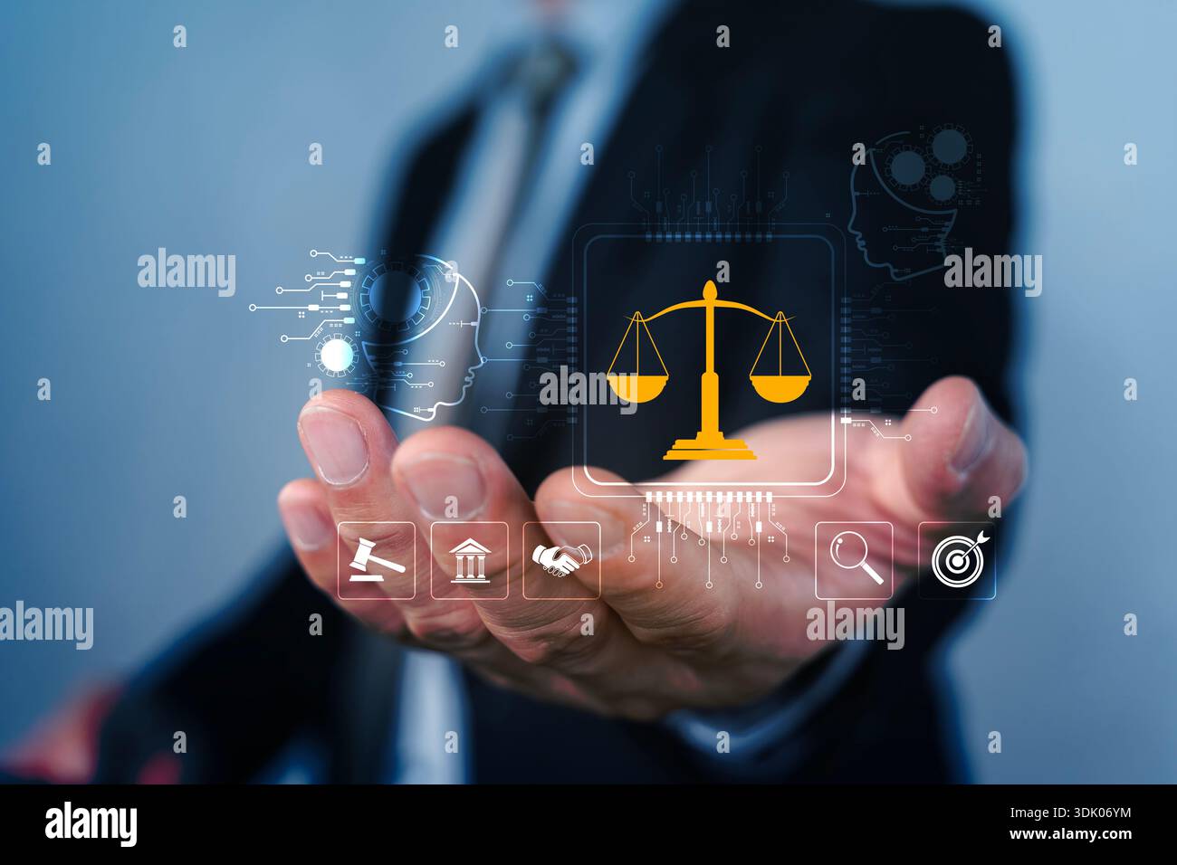 Businessman presenting digital justice scales interface, symbolizing legal technology, compliance, contract management, and AI-driven law services for Stock Photo