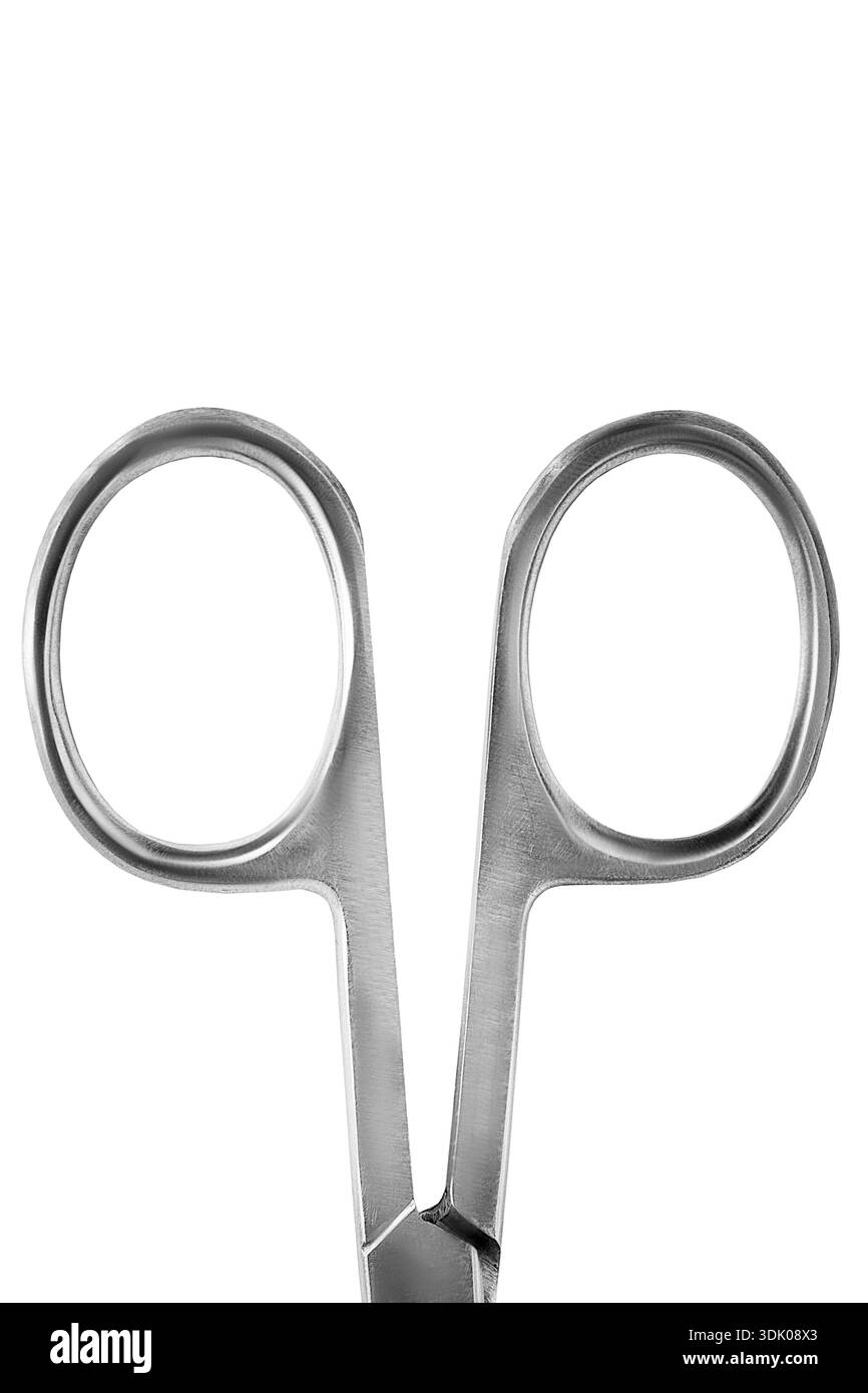 Stailess steel cuticle scissors handle closeup isolated over white Stock Photo