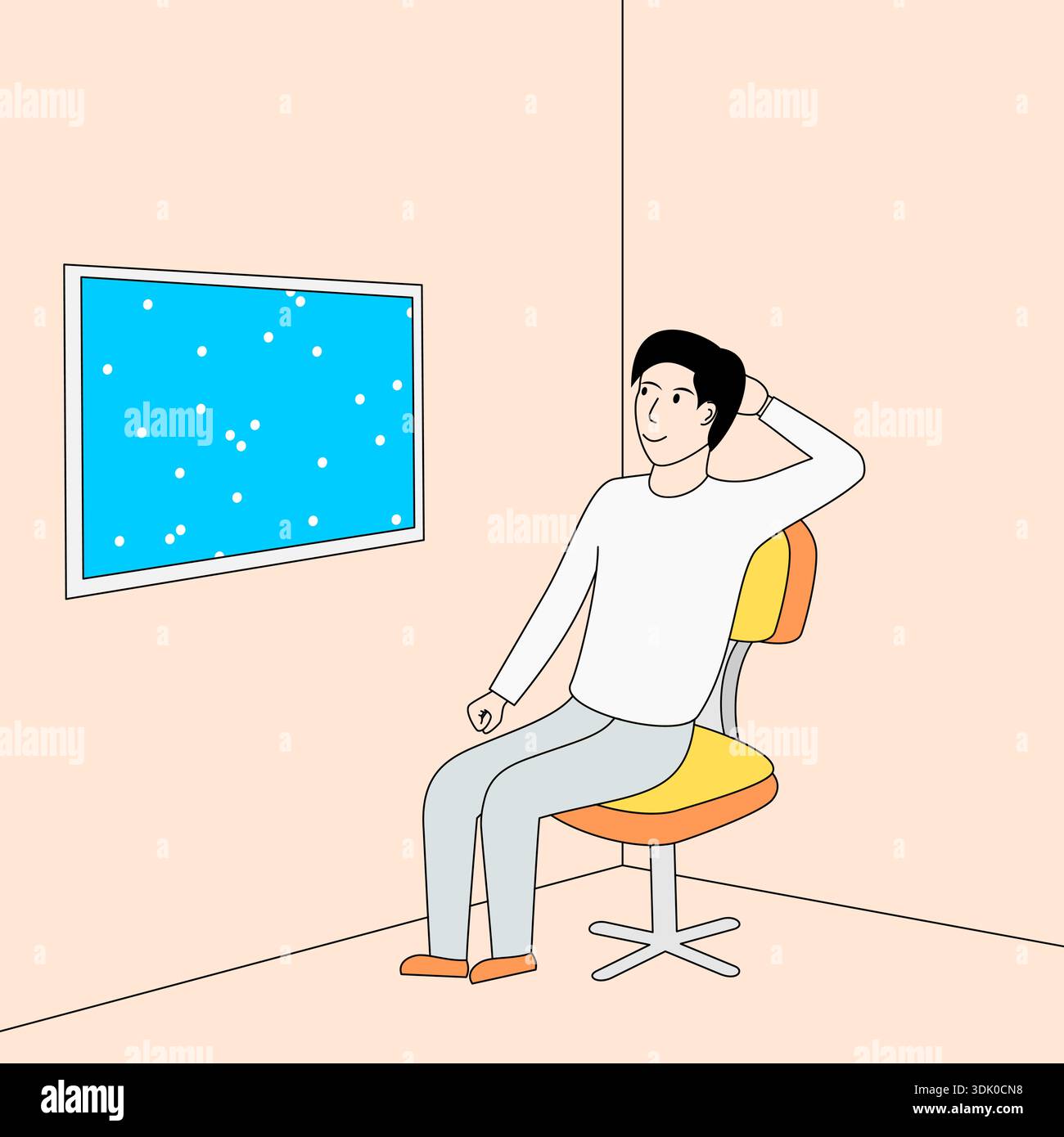 Man is sitting in a chair in front of a window. He is looking out the window and he is deep in thought Stock Vector