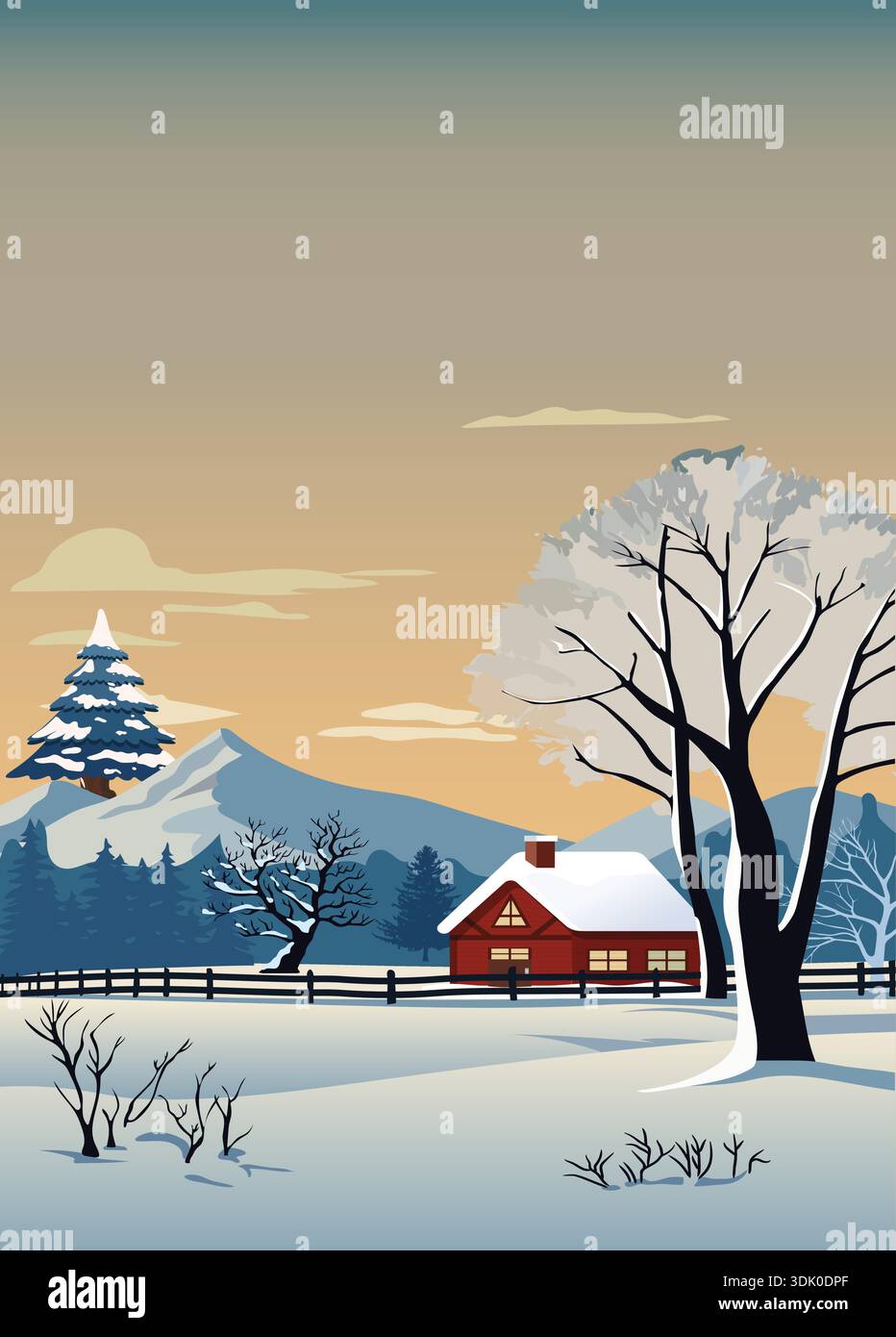 Winter landscape with snowy red house and frozen mountain range under golden sunset sky for holiday season greeting card and rural village scenic back Stock Vector