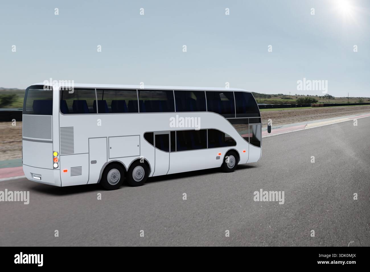 A white double-decker bus traveling along a country road. The vehicle ...