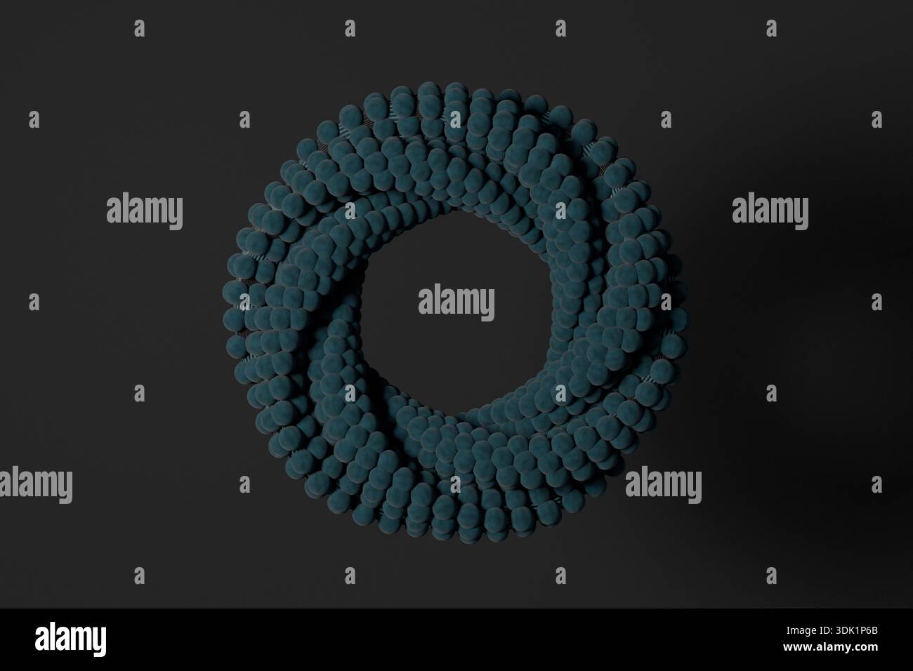 3D abstract illustration of a circular torus formed by many small blue spheres, floating on a dark gradient background, symbolizing structure, continu Stock Photo