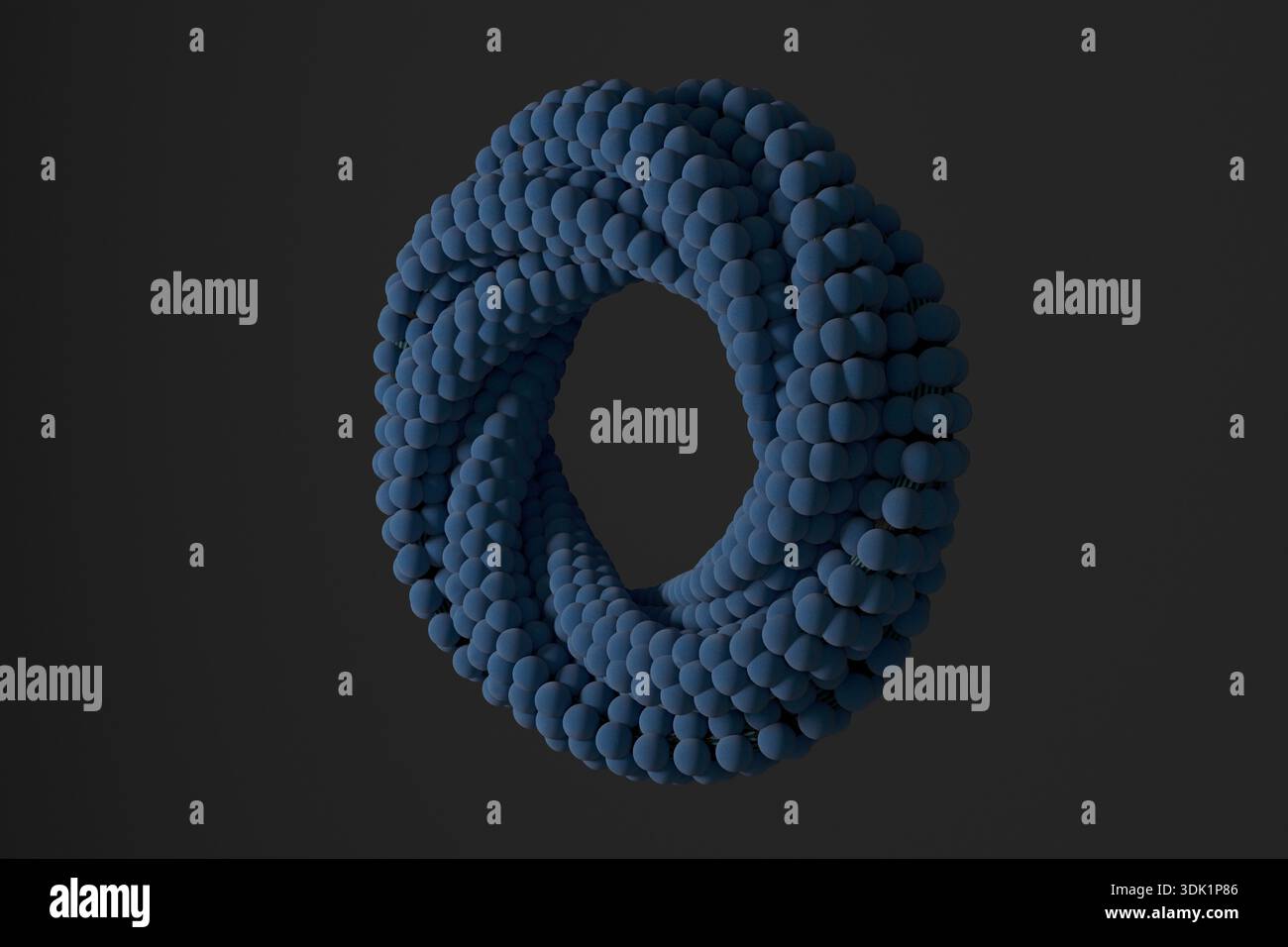 3D abstract illustration of a circular torus formed by many small blue spheres, floating on a dark gradient background, symbolizing structure, continu Stock Photo