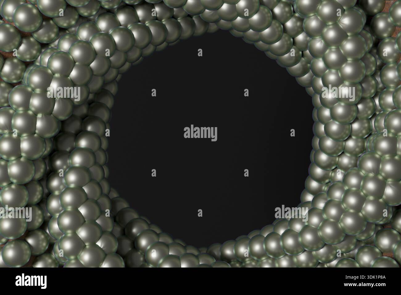 Abstract 3D render of metallic spheres forming a circular tunnel shape on a dark background, creating a futuristic frame with empty central space for Stock Photo