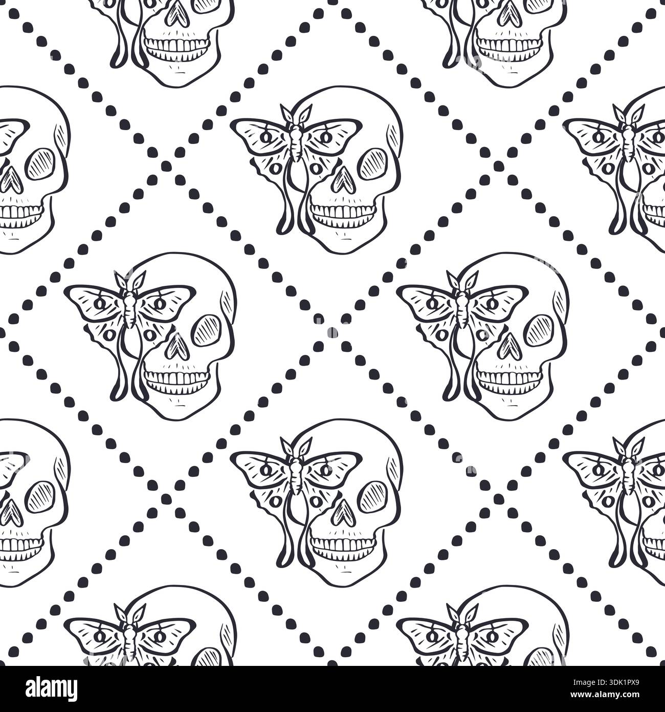 Seamless pattern with hand drawn black and white human skulls inside trellis Stock Vector