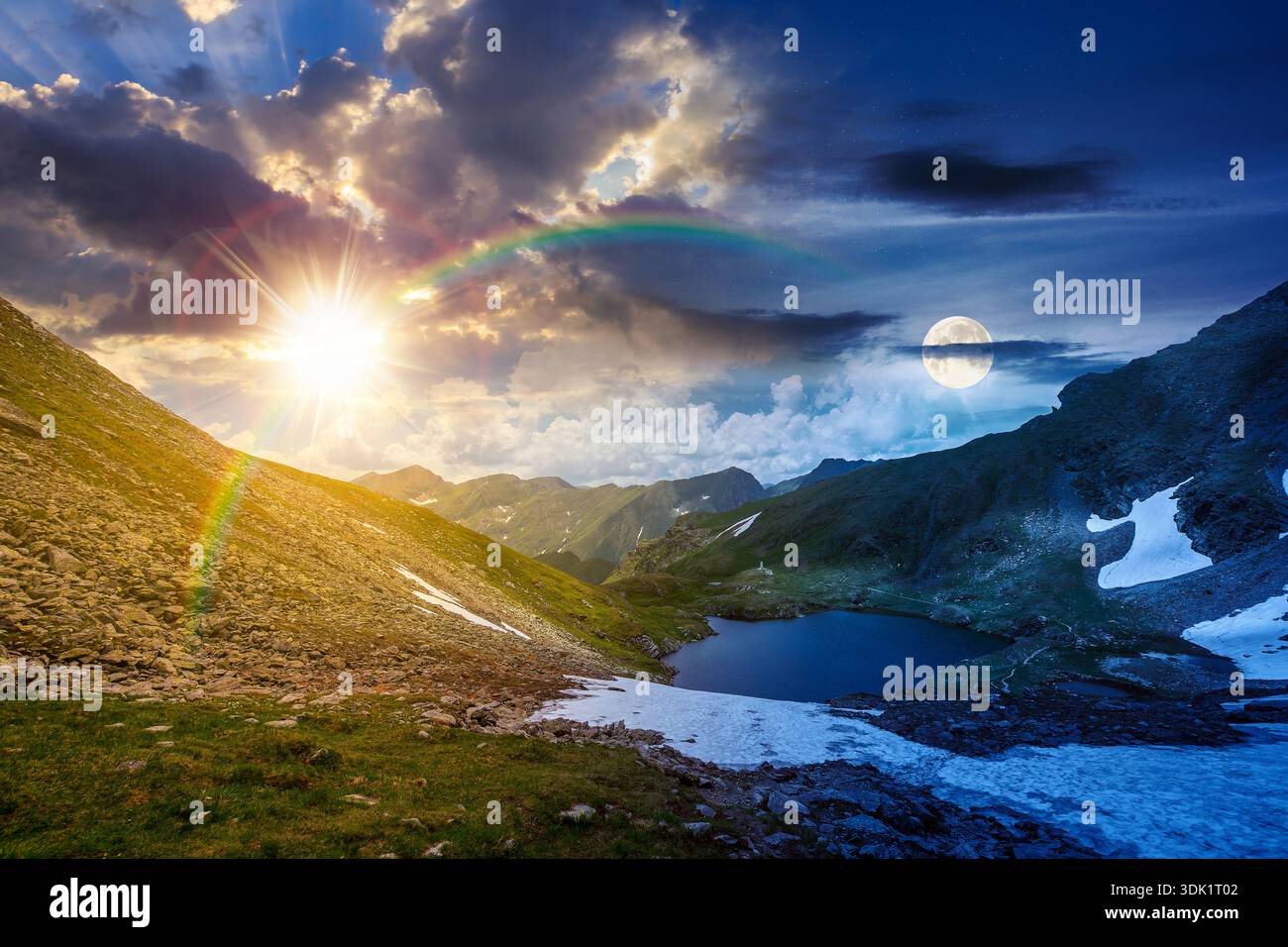 mountain lake in alpine summer landscape. day and night time change concept. beautiful view surrounded with sun and moon at twilight. fresh water, sno Stock Photo