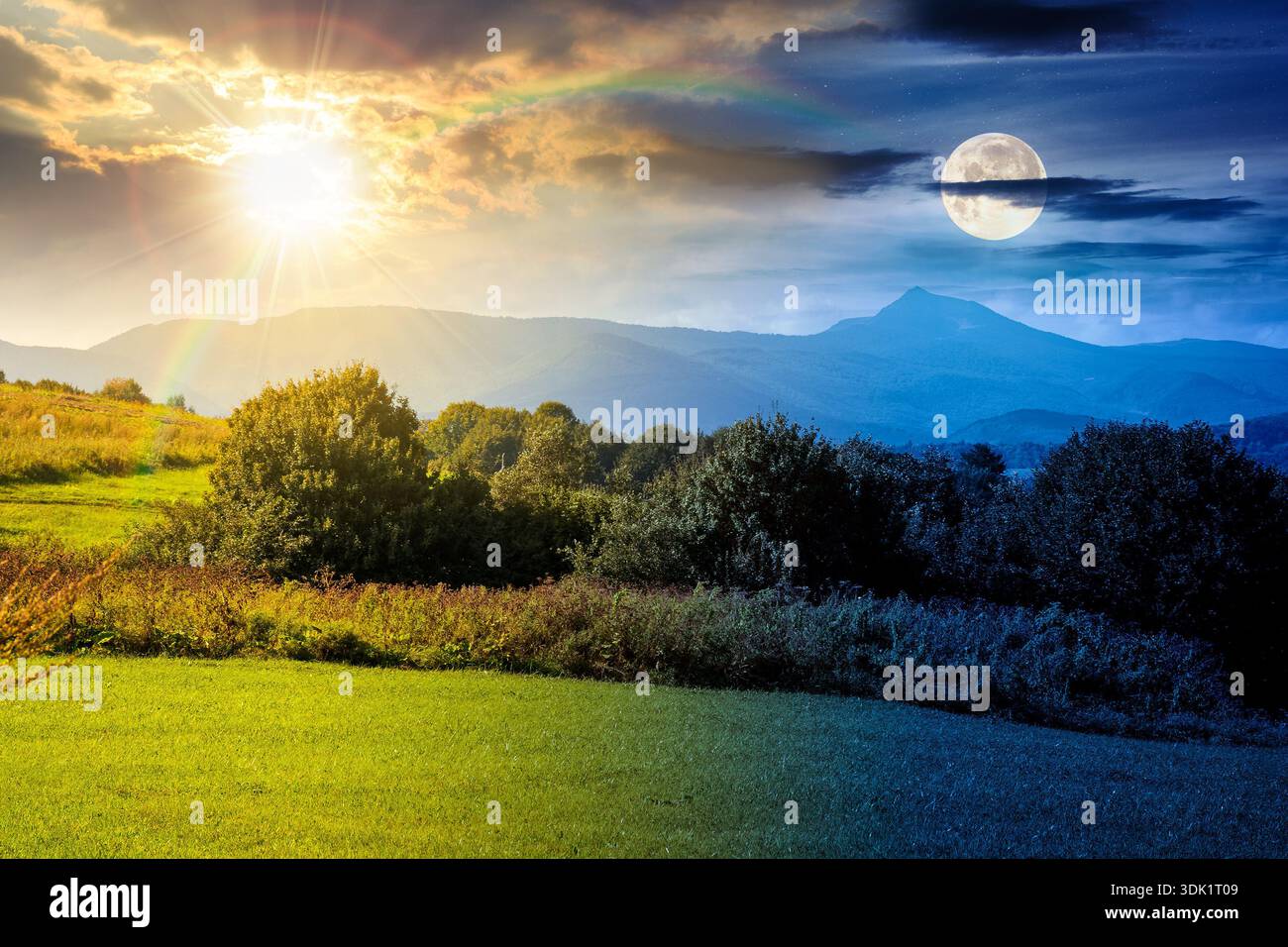 rural landscape in mountains. time change concept. grassy rolling hill and peak in early autumn with sun and moon. alpine countryside pasture. uncerta Stock Photo