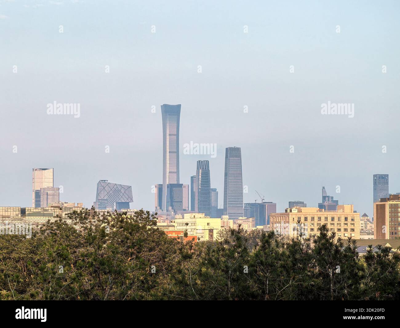 Distant View of Beijing CBD Skyscrapers Under Hazy Sky - Smartphone Captured Stock Image