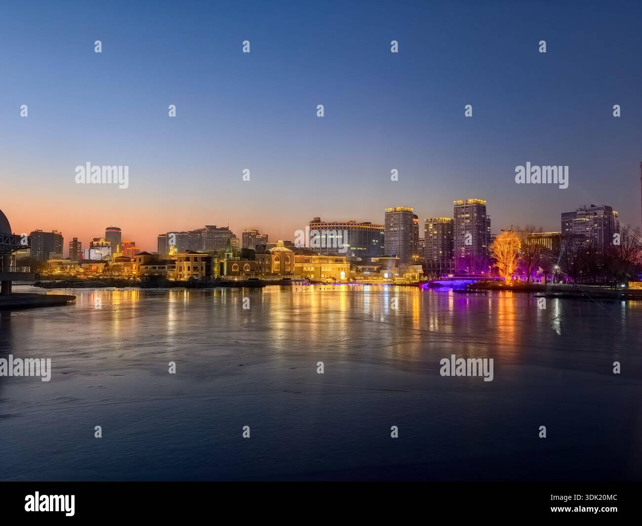 Twilight Reflection at SOLANA Blue Harbor in Beijing - Smartphone Captured Stock Image