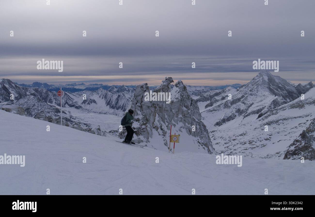 Skier at top of Hintertux glacier, Austria Stock Photo