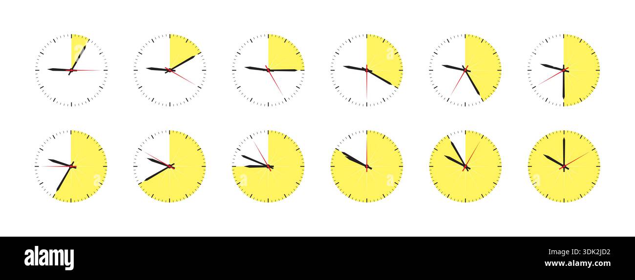 1-12 step clock concept. 12 slice clock concept. 12 steps round clock. Stock Vector