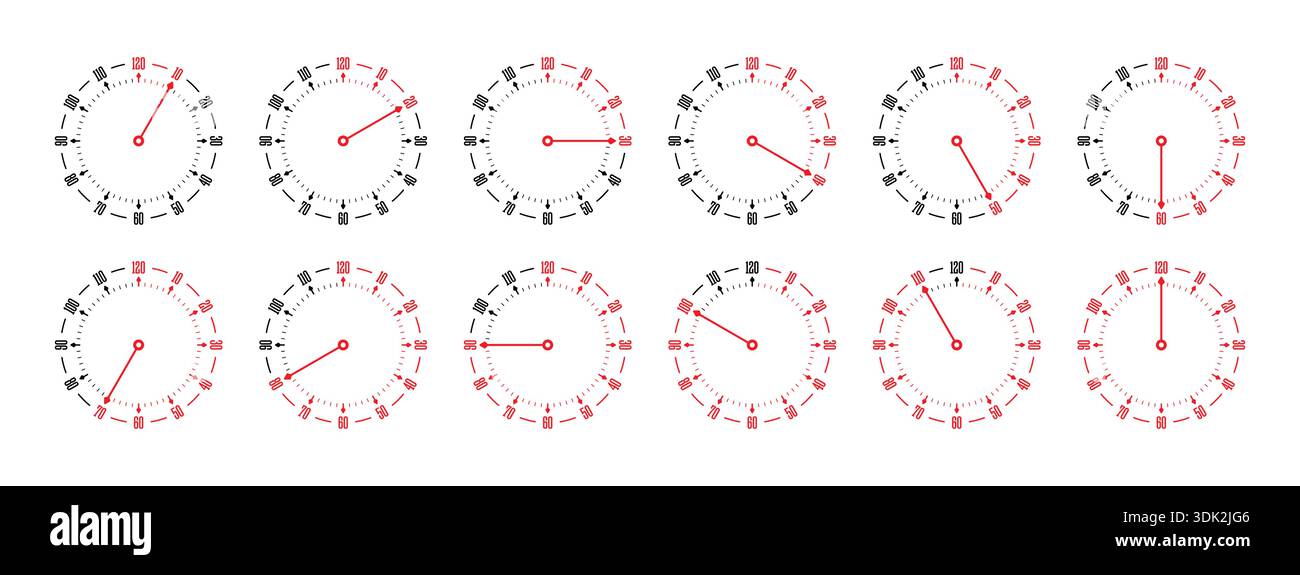 0-120 dial concept. twelve step speedometer interface. slim speedometer set Stock Vector