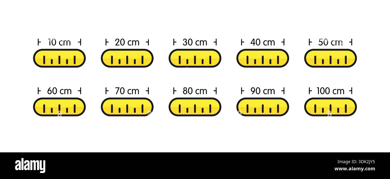10, 20, 30, 40, 50, 60, 70, 80, 90, 100 cm concept. ten steps ruler concept. scaling set Stock Vector