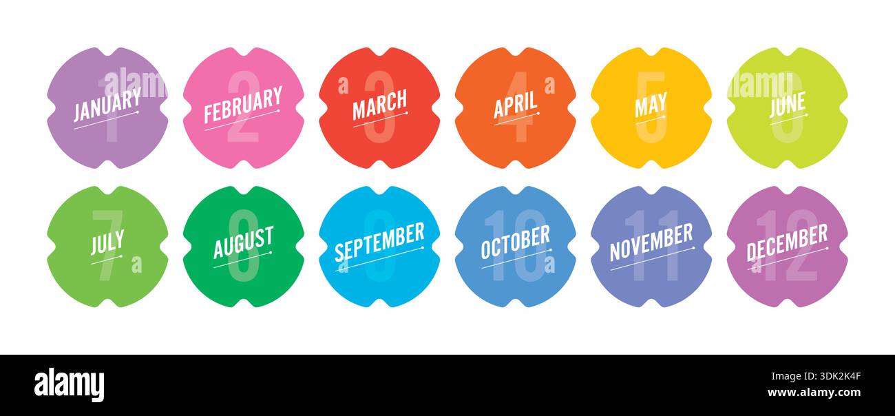 12 month names in colorful shapes. twelve months concept for business, education world Stock Vector