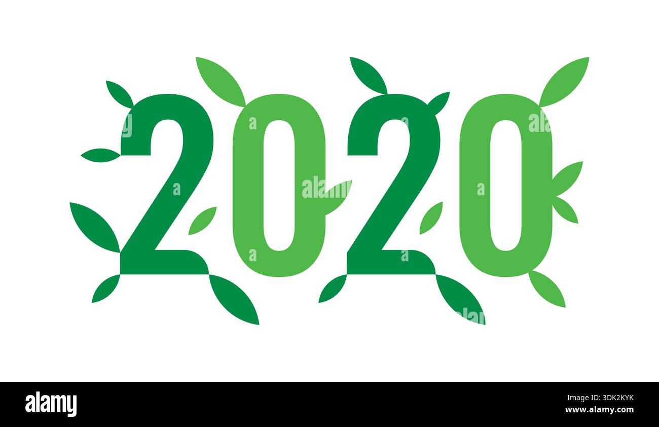 2020 logo and green leafs. vector 2020 logo. Stock Vector