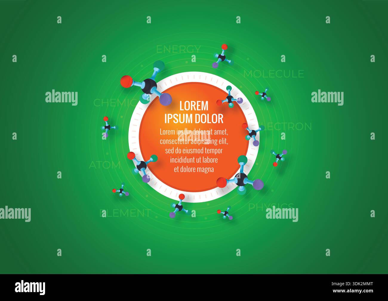 3d molecule symbols and page template on green background. Stock Vector