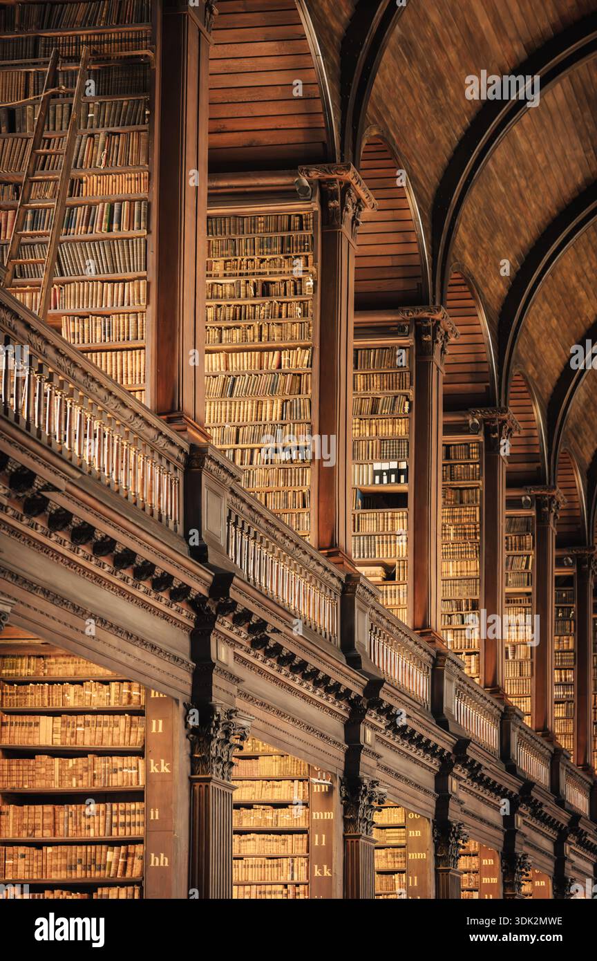 Old library interior with ornate wooden architecture and endless ...