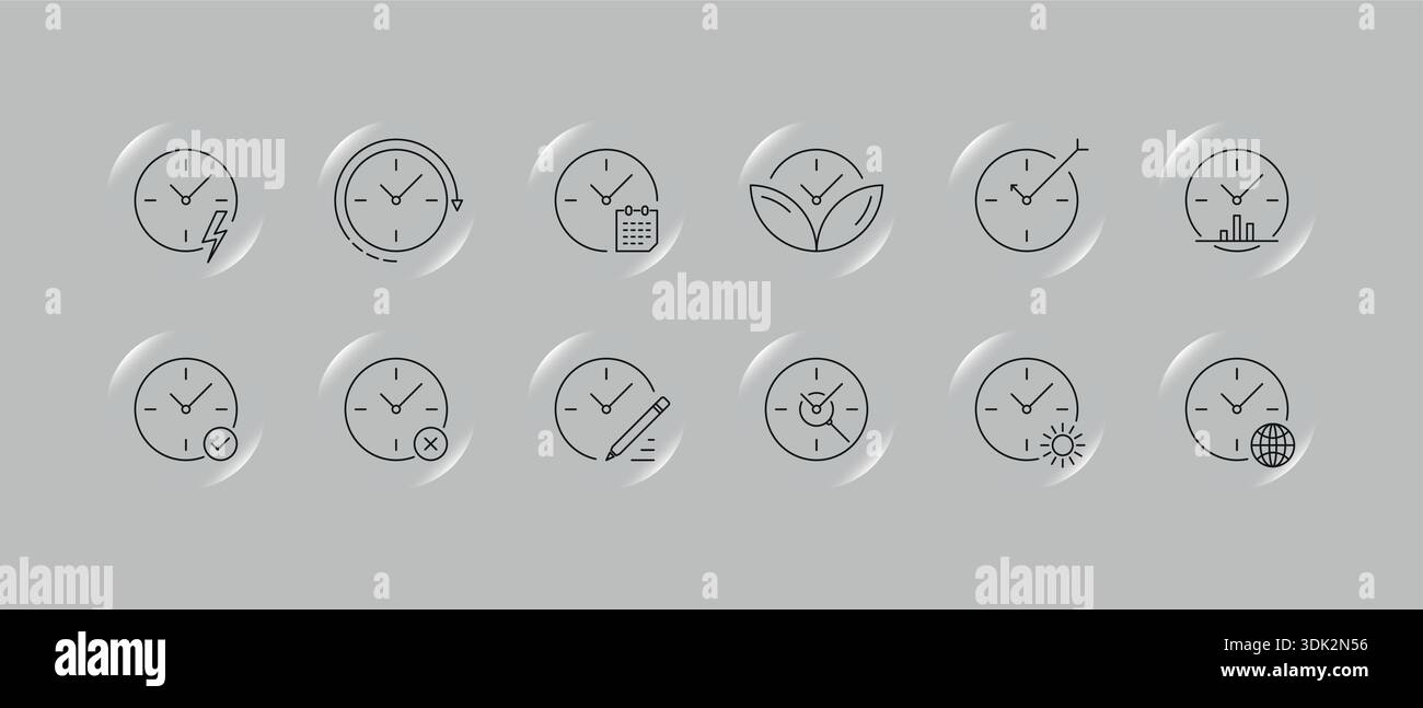 analog clock and miscellaneous symbols on gray background. clock and mixed symbols Stock Vector