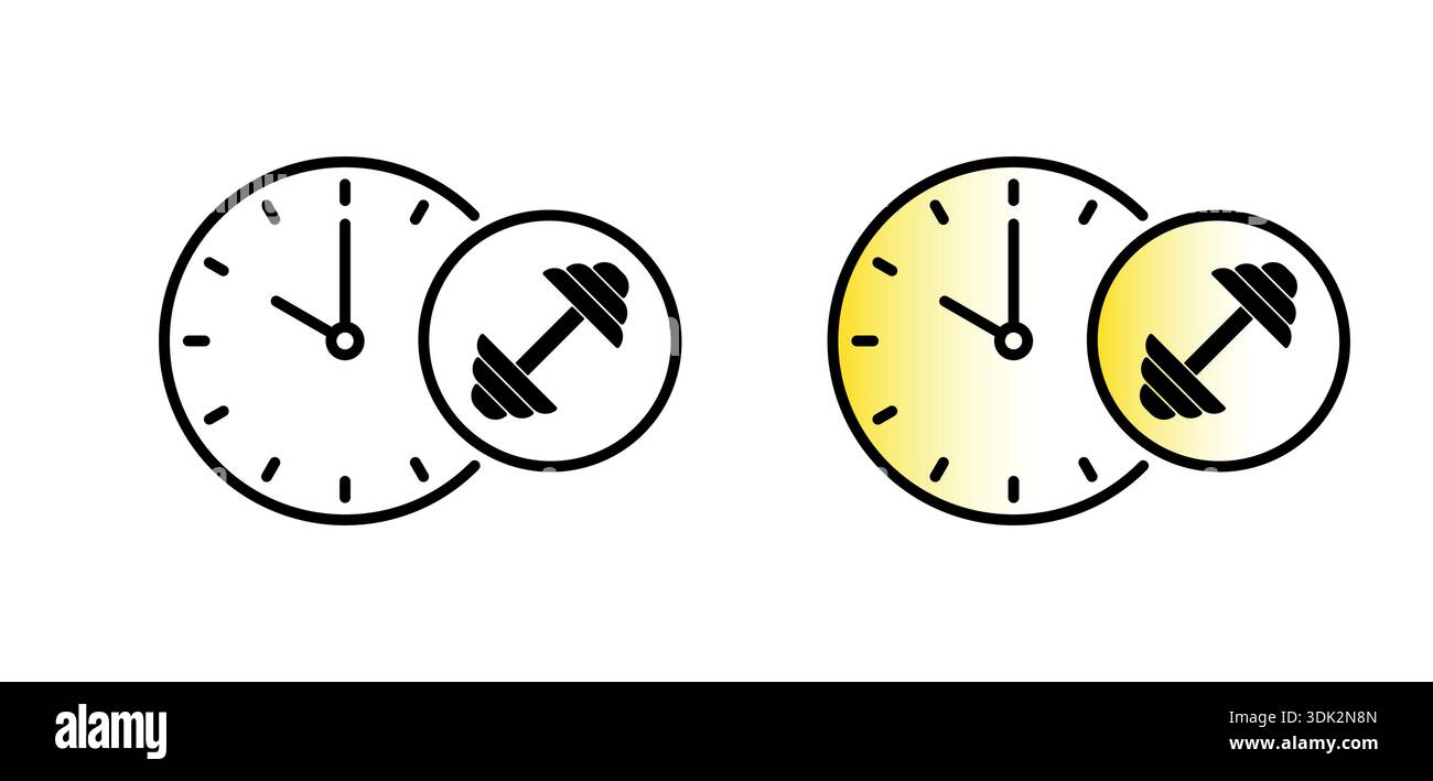 analog clock and dumbbell symbol on white background. Stock Vector