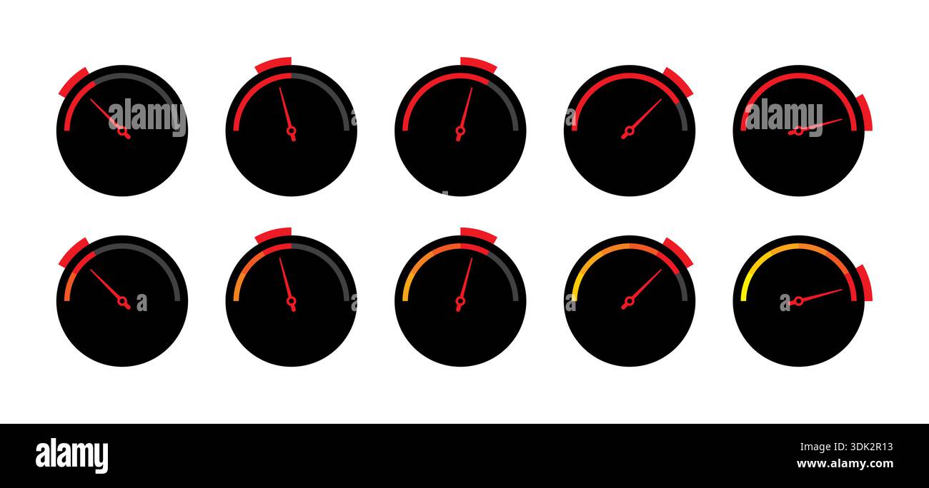 black and red indicator. semicircle, five-step speedometer set Stock Vector