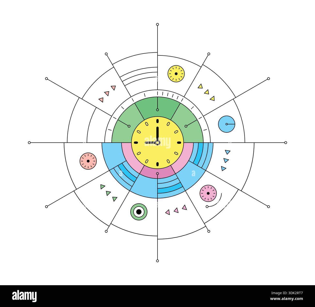 Clock concept in colorful, digital interface. round digital interface and clock symbol. Stock Vector