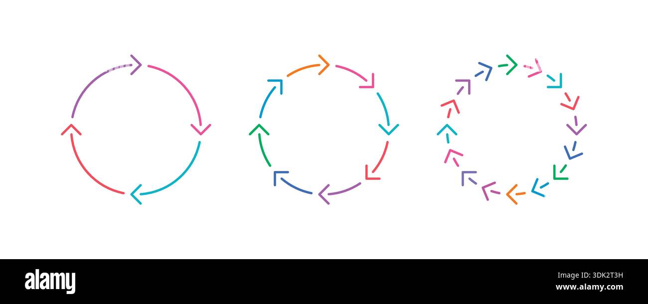 colored arrows rotating four steps, eight steps, 16 steps. rotating arrow signs. Stock Vector