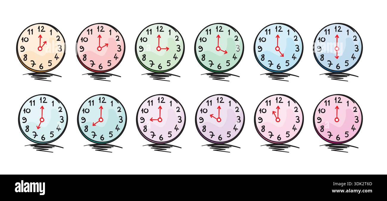 clock set. hand drawn colorful clocks. Stock Vector