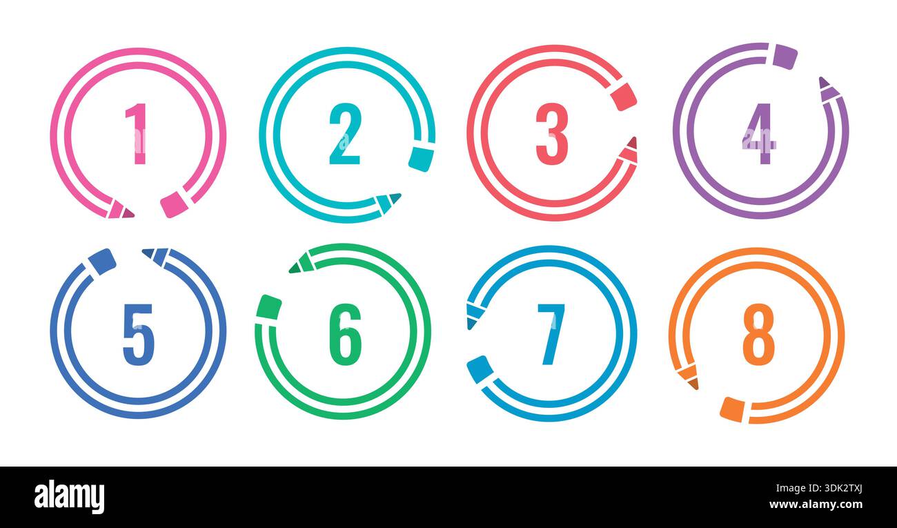 colored round pencils. 1-8 step round pens Stock Vector