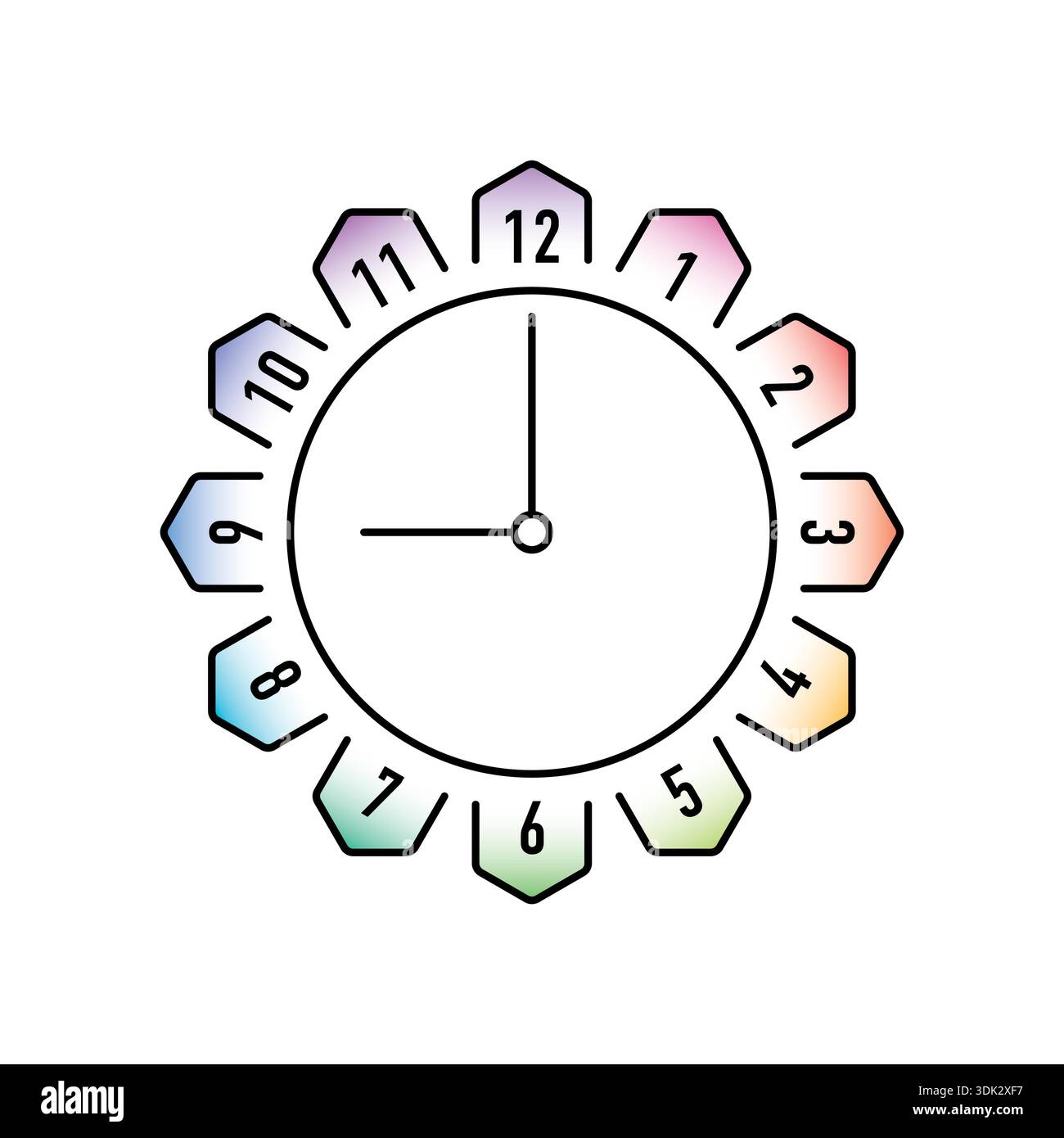 Colorful, angular, simple wall clock. analog clock concept on white background. Stock Vector