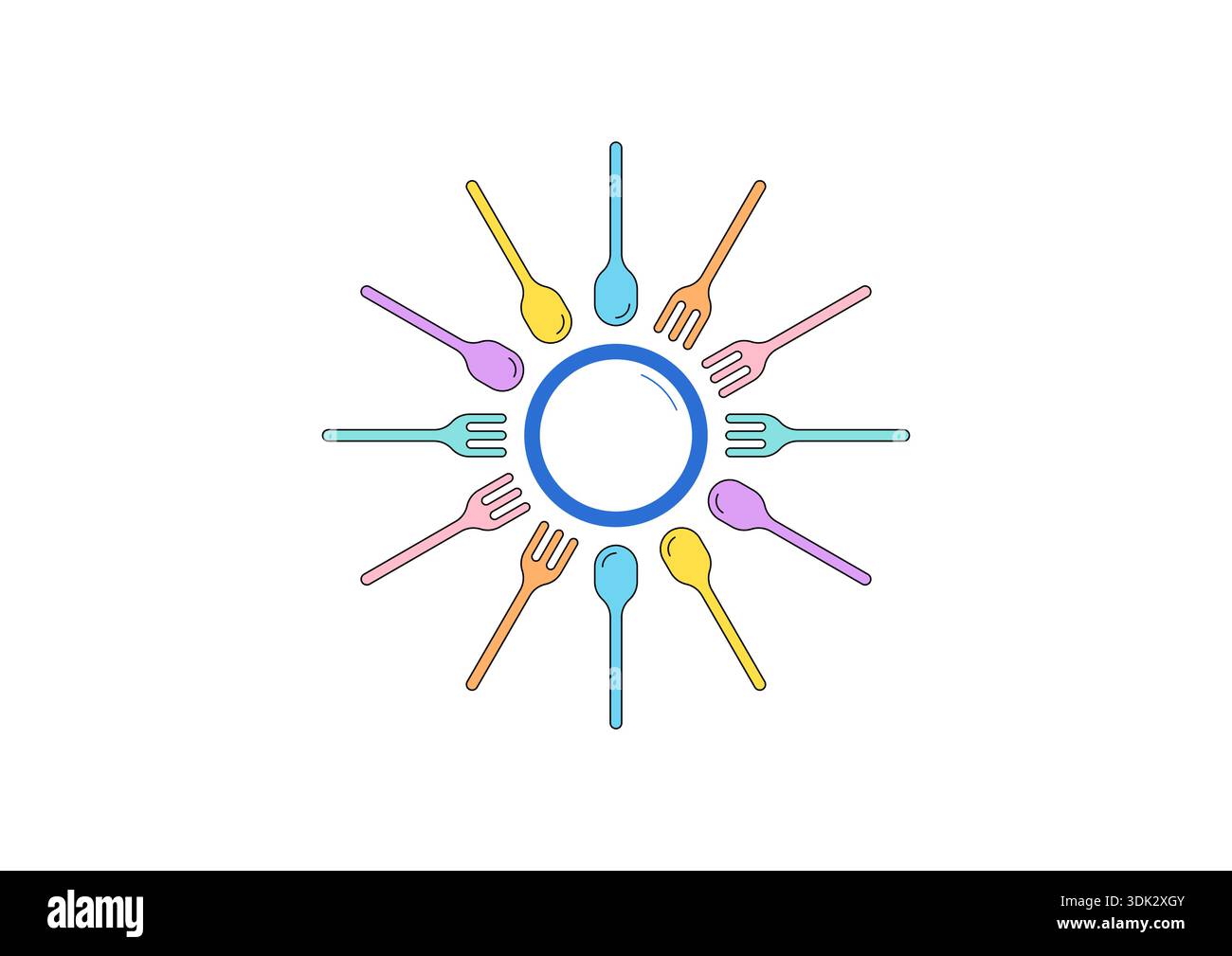 colorful forks and spoons around the plate. fork and spoon symbols for menu, catering and restaurant Stock Vector