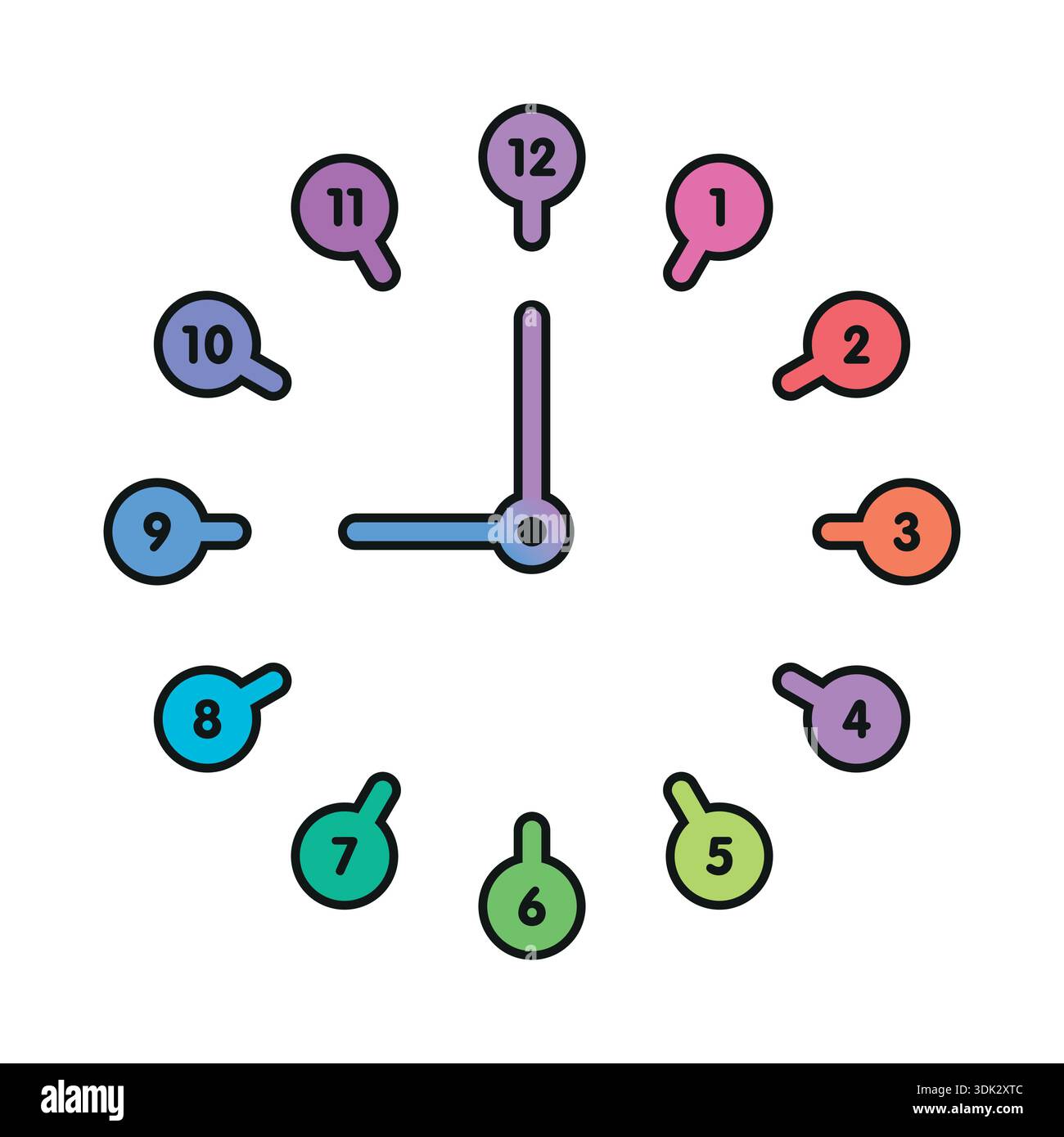Cute, multicolored wall clock. analog clock concept on white background. Stock Vector