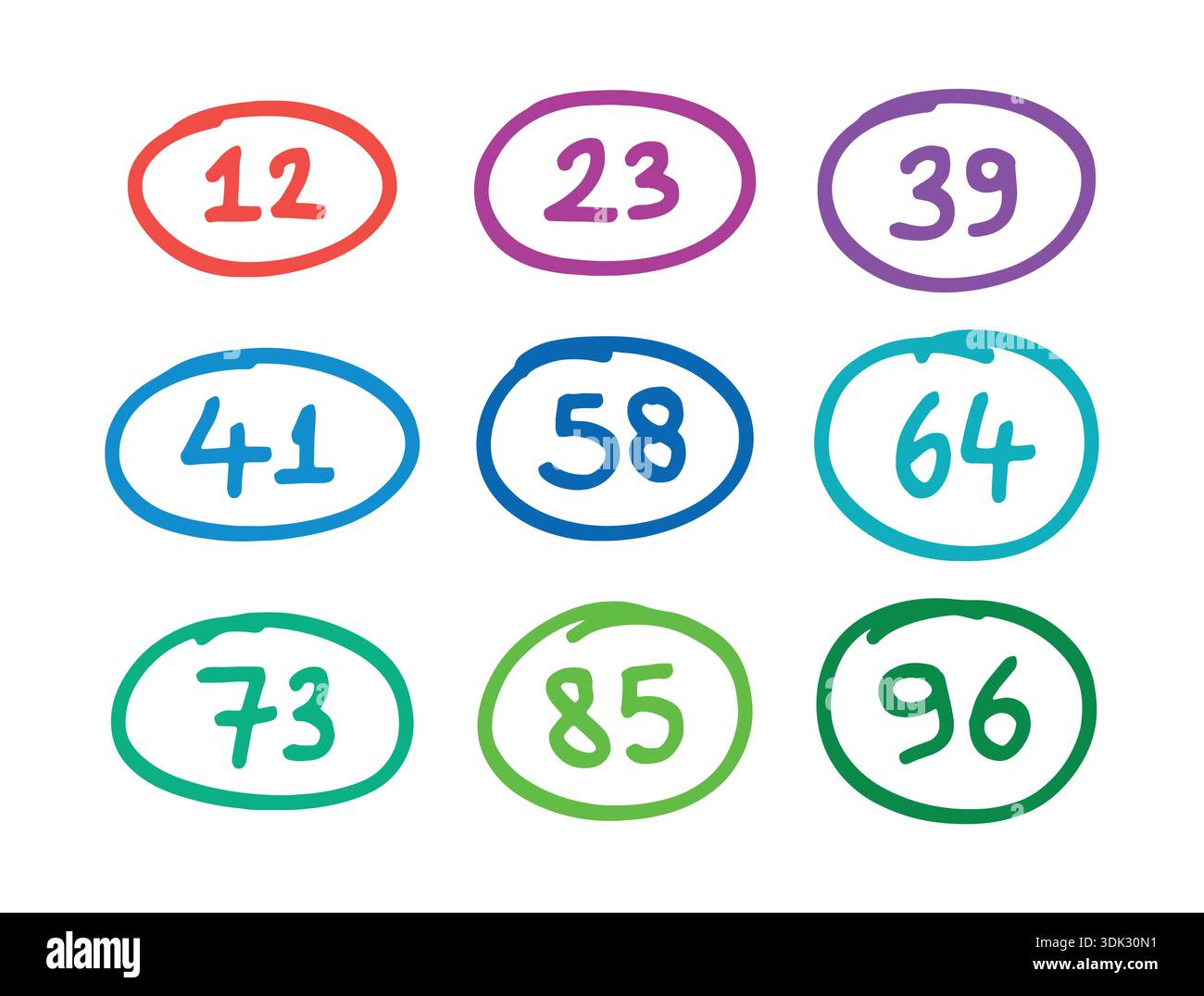 Decimal numbers in ellipses. hand drawn decimal numbers Stock Vector