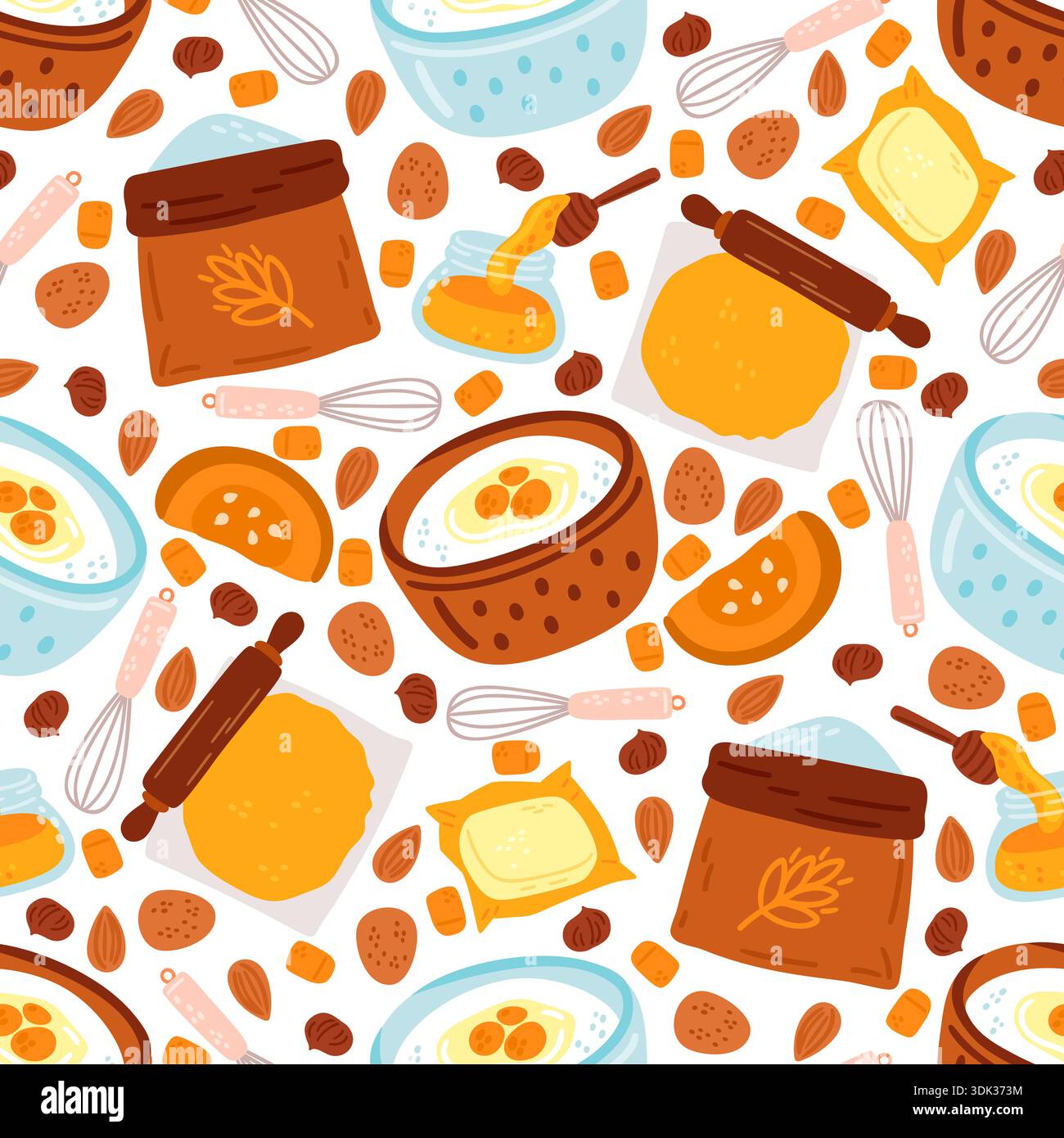 Ingredients for baking cakes and cookies seamless pattern. Products for cooking. Flour bag. Eggs whisk. Dough roll. Muffin culinary recipe with butter Stock Vector