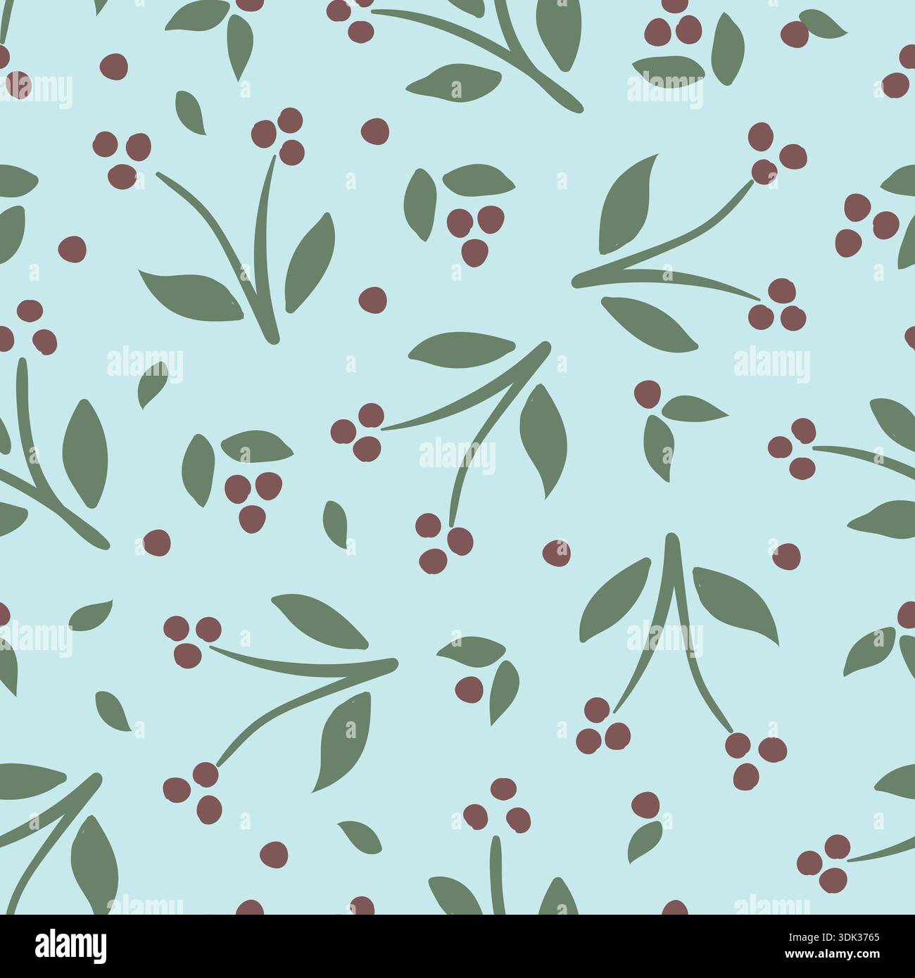 Hand-drawn tossed floral buds seamless vector pattern background. Simple scattered red green flowers on a light blue backdrop. Modern simple botanical Stock Vector