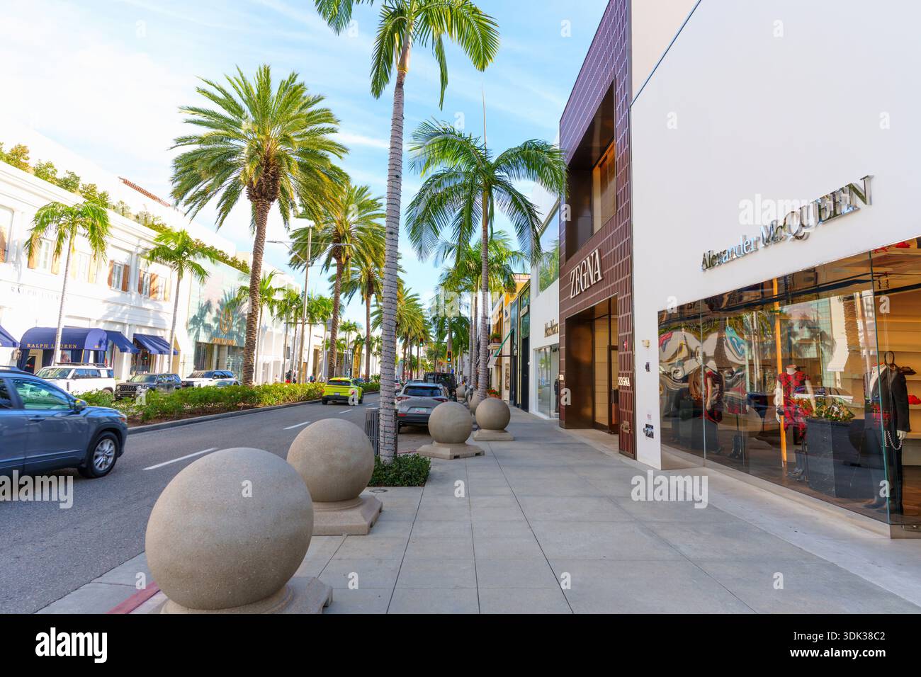 Beverly Hills, California - January 21, 2026: Wide sidewalk and street ...
