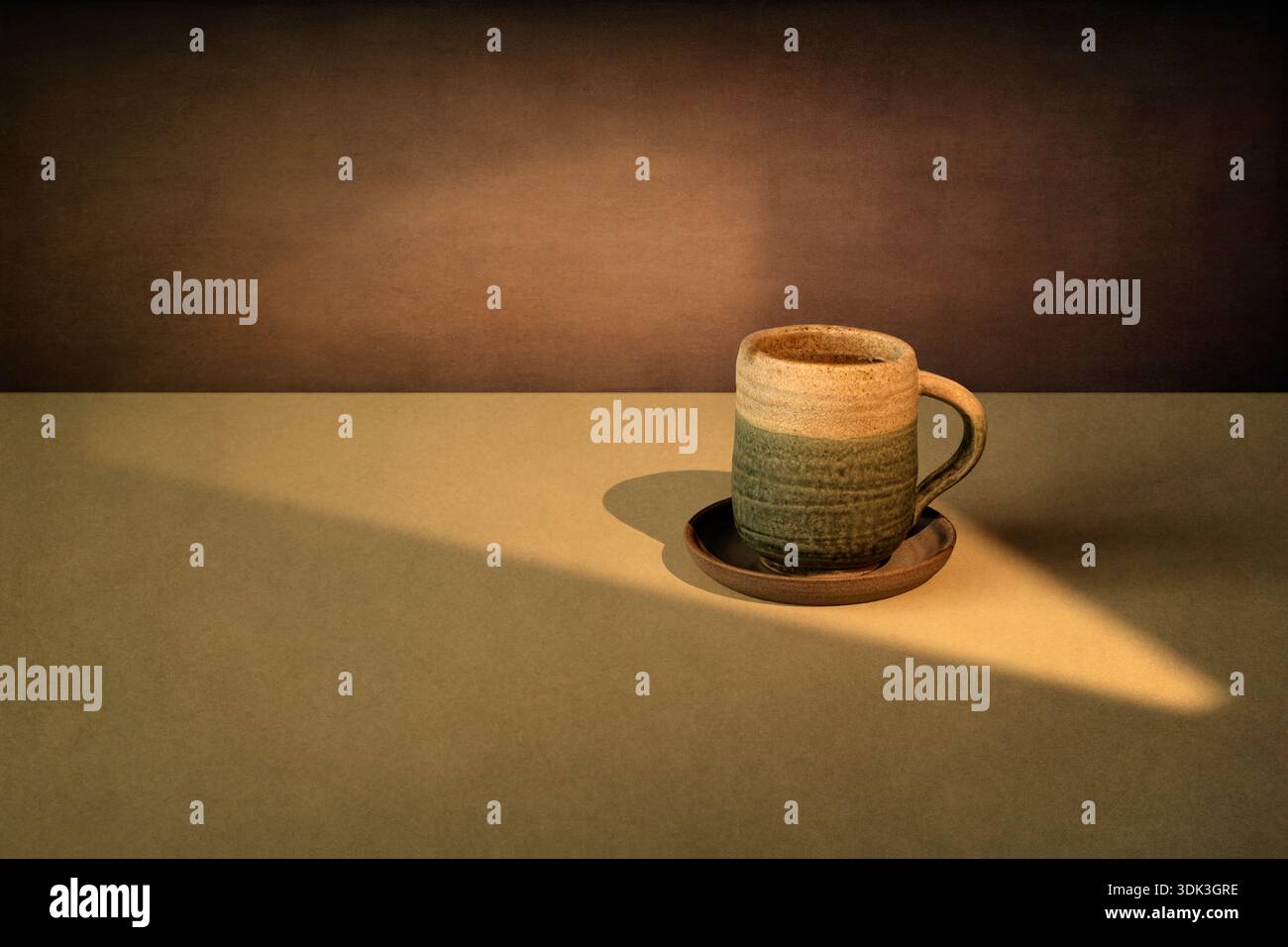 One handmade mug on textured background with creative lighting Stock Photo