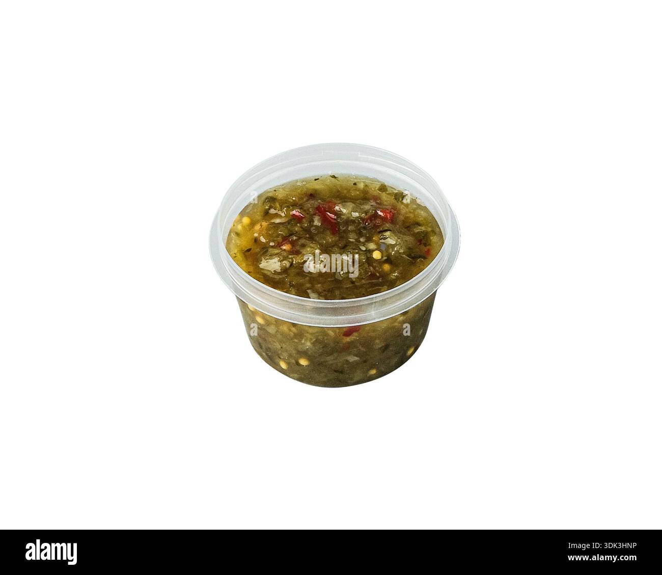 Zesty Green Salsa With Chopped Peppers In Plastic Cup, Chunky Texture With Visible Seeds And Herbs, Olive Oil Stock Photo