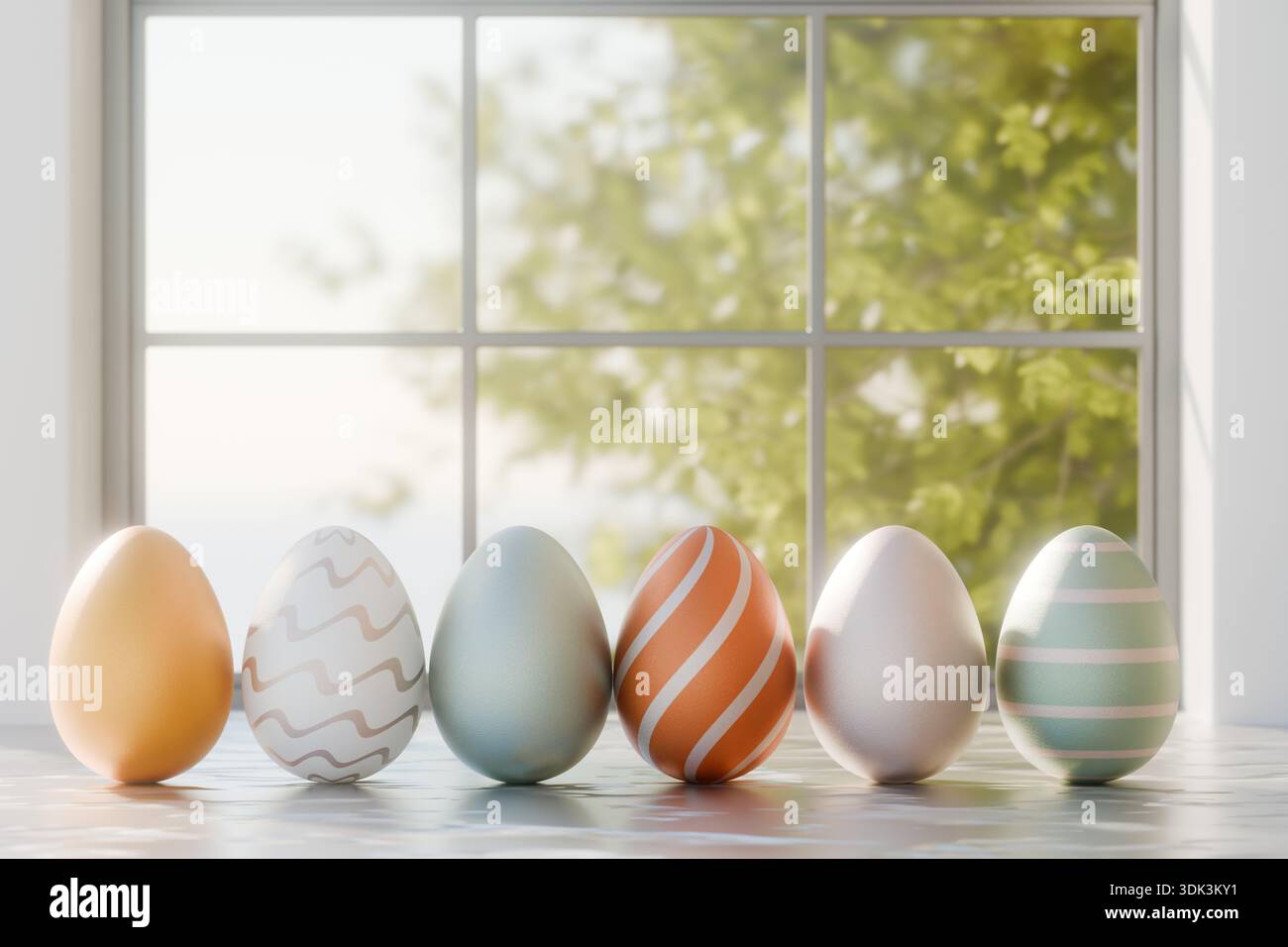 Six pastelcolored Easter eggs with patterns sit on a table near a window showing spring foliage. 3d rendering Stock Photo
