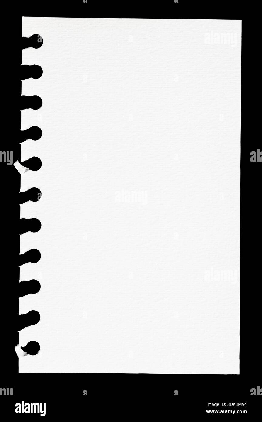 Torn Spiral Notebook Page isolated on black Background Stock Photo