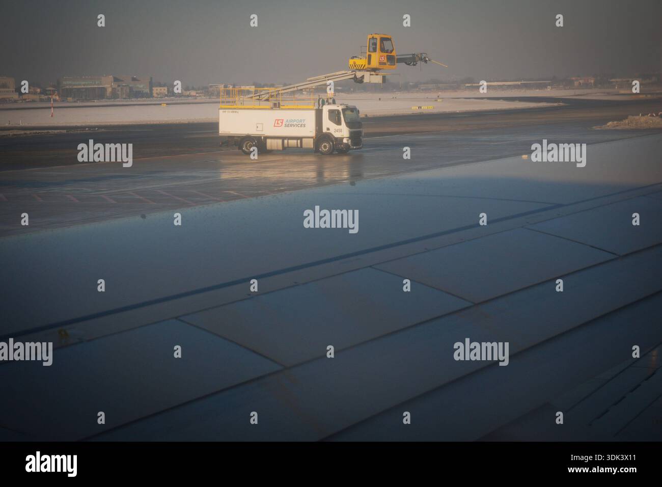 Deicing trucks are seen on the tarmac at Chopin Airport in Warsaw, Poland on 21 January, 2026. (Photo by Jaap Arriens / Sipa USA) Stock Photo
