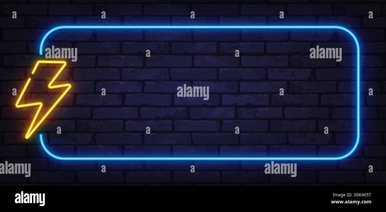 Neon lightning bolt inside glowing rectangular frame on dark background ...