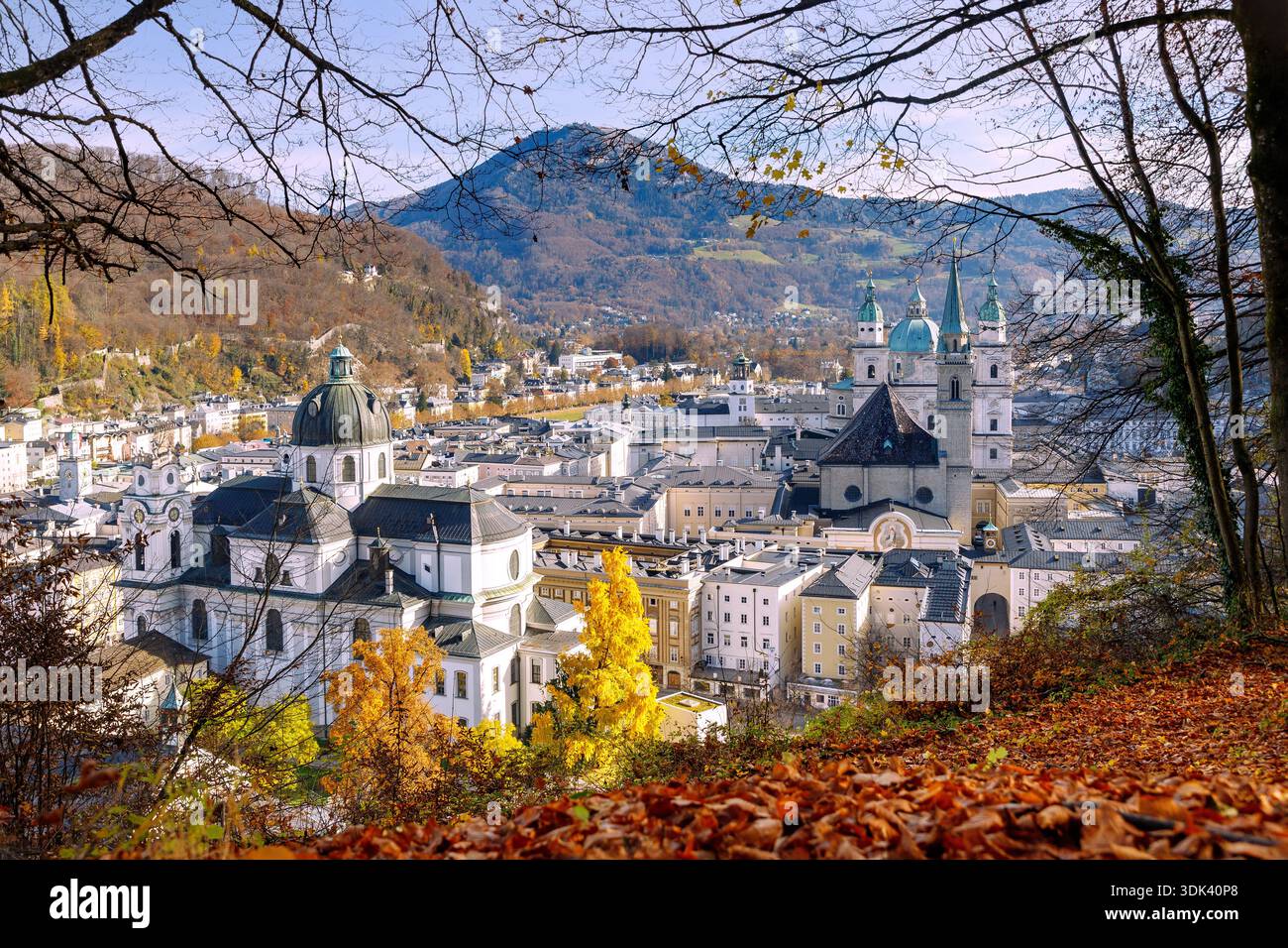Autumnal city view of Salzburg from the Franz-Josef-Kai with the