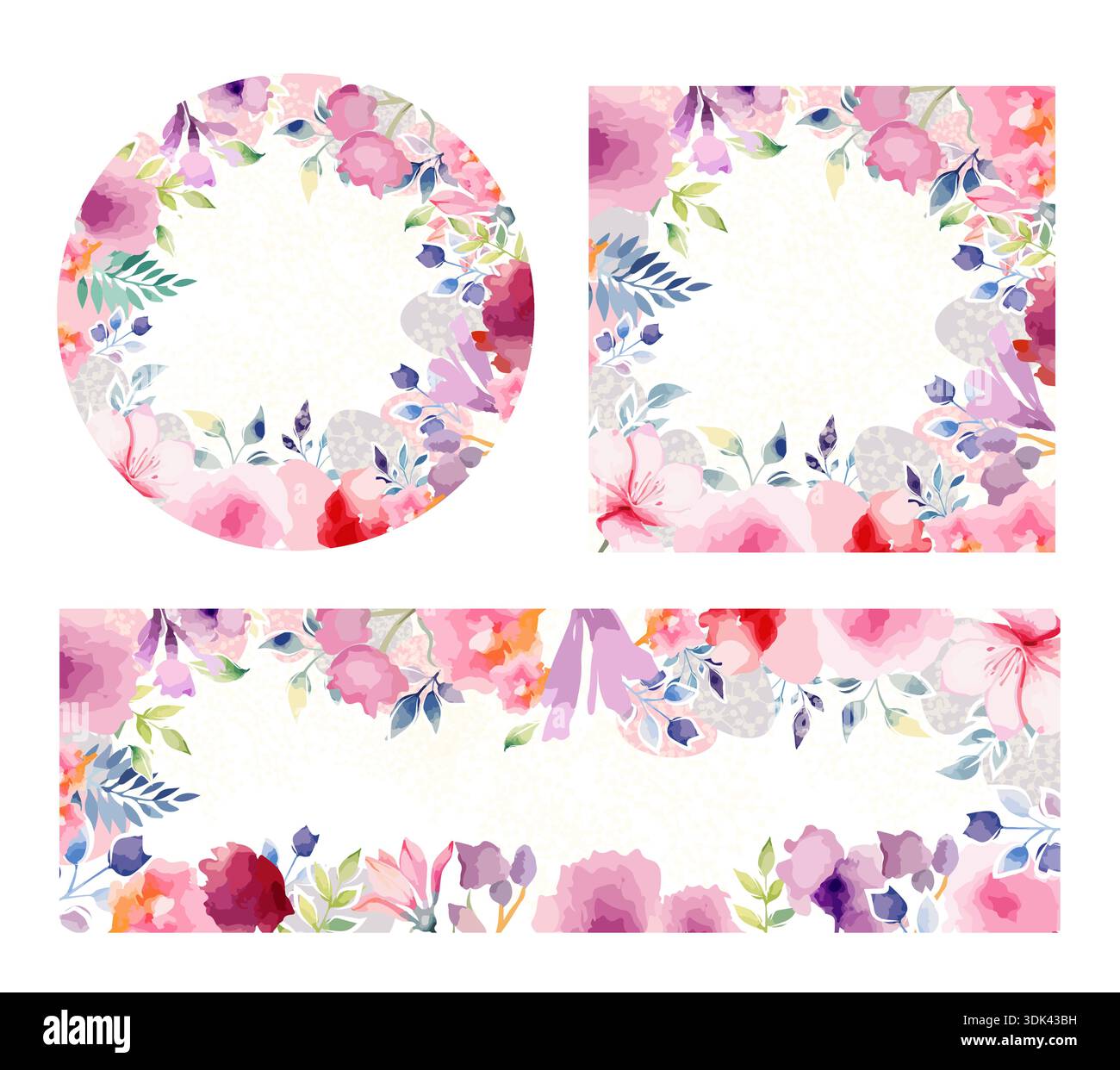 A set of beautiful frames made of watercolor pink flowers. Hand drawn ...