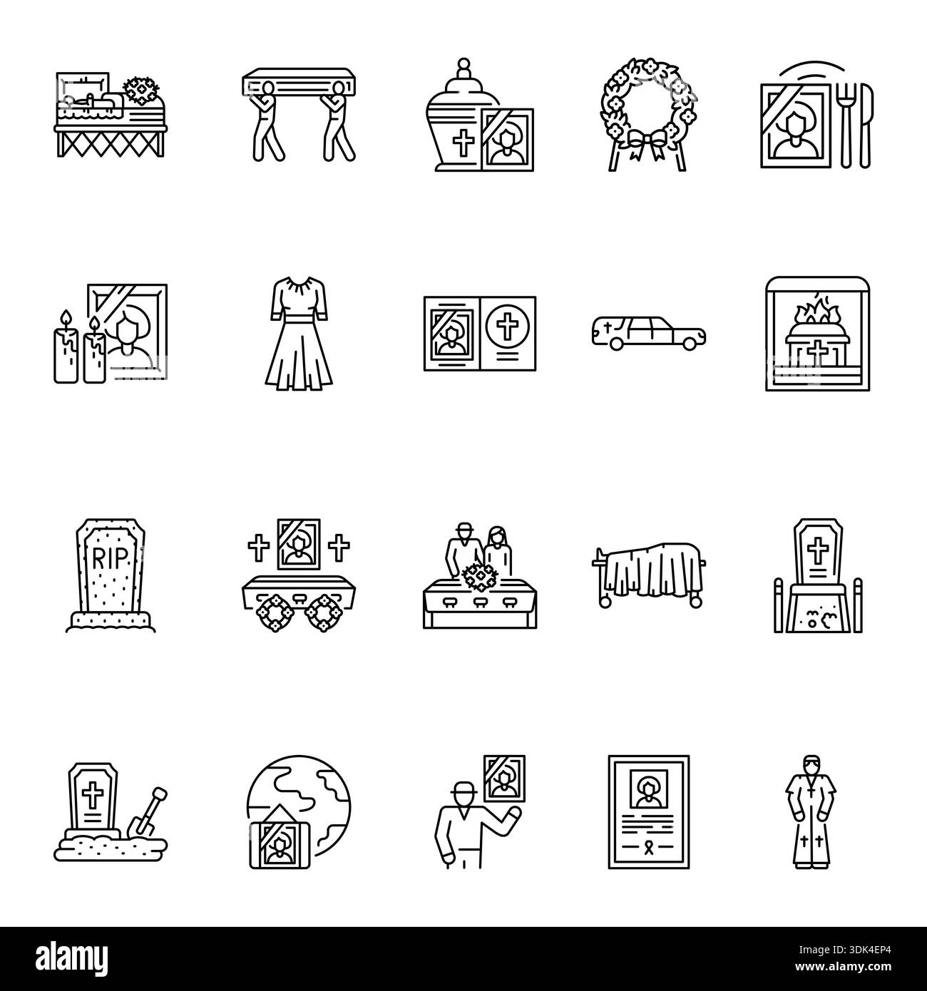 Funeral service black line icons set. Vector isolated element. Editable stroke. Stock Vector