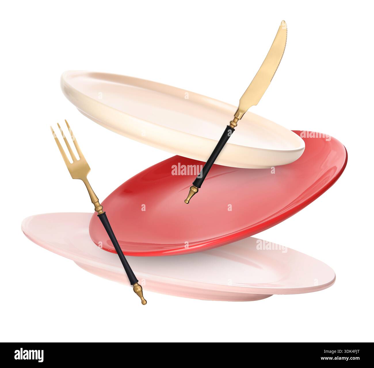 Plates, fork and knife falling on white background Stock Photo