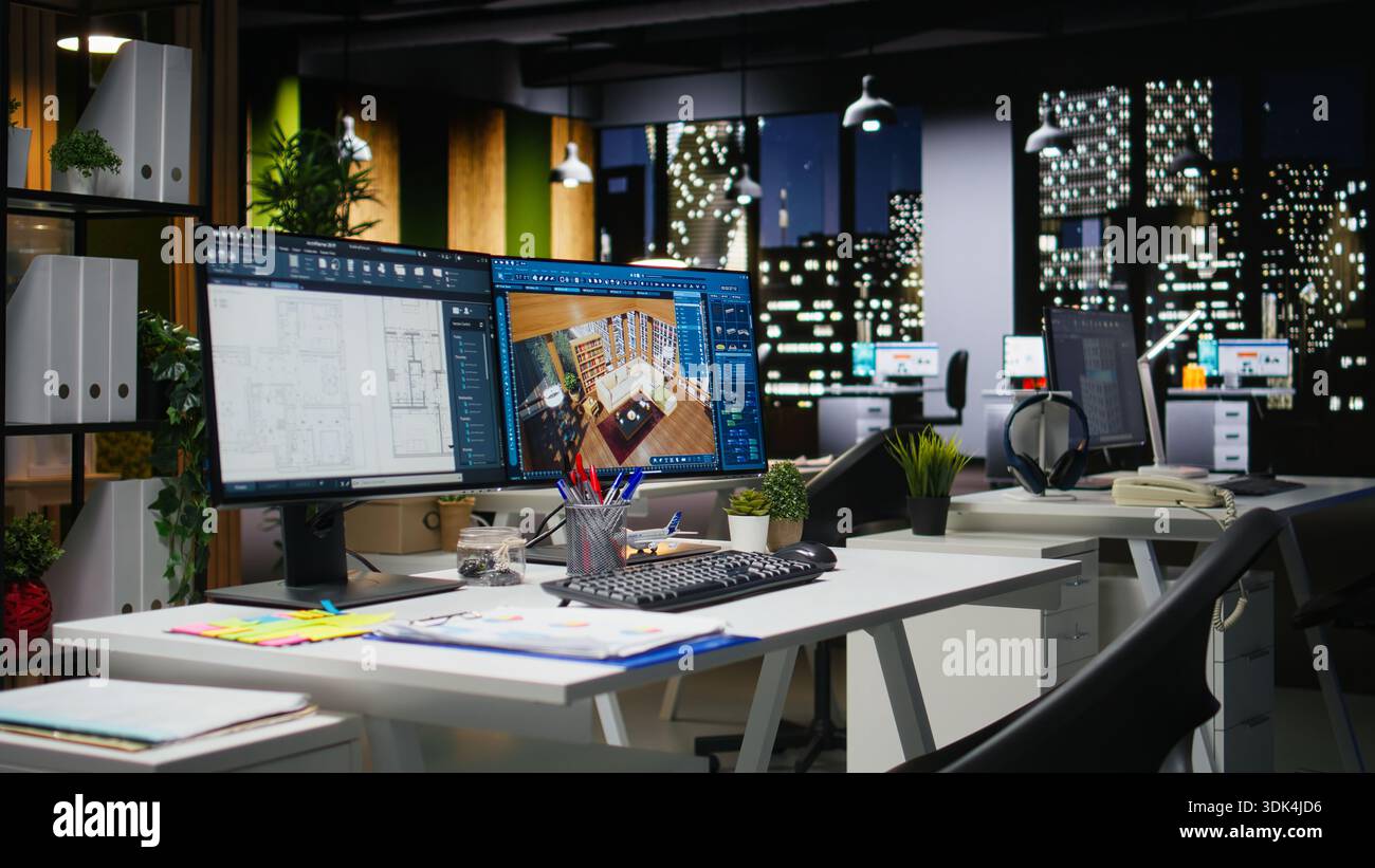 Professional interior design workspace showing modern computer monitors ...