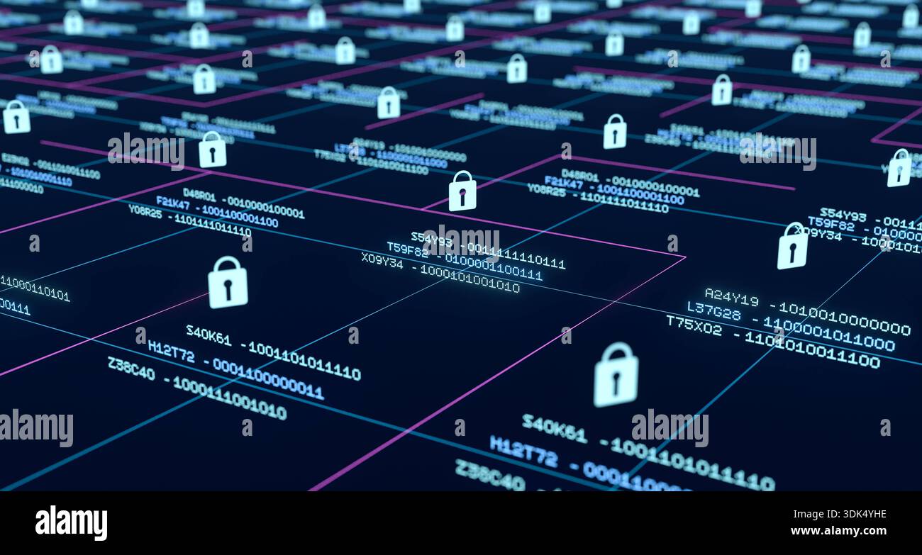 Close up data grid, information processing, network, secure encrypted data in process, data protection. Close up data grid, information processing, network, secure encrypted data in process, data protection. Locked binary code data blocks, big data, safety, technology, security software, firewall. img_technology099s03_abstract_digital_board_data_protection Stock Photo